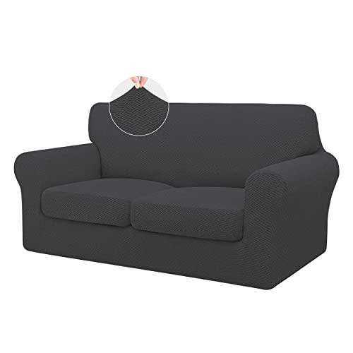 ISSUNTEX 3 Pieces High Stretch Thicken Loveseat Couch Covers, Soft Sofa Slipcover for 2 Separate Cushion Couch, Jacquard Fabric Elastic Sofa Cover Furniture Protector for Dogs (Loveseat, Dark Gray)