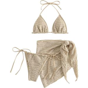 GORGLITTER Women's 3 Piece Swimsuits Halter Triangle String Bikini Set with Beach Skirt Swimwear Set (Large, Khaki)