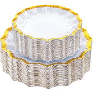 DaYammi 60Pcs White Plastic Plates with Gold Rim,Gold Disposable Plates - Heavy duty Plastic Plates Include 30 Dessert Plate,30 Dinner Plate,White gold Scalloped plates for Party Wedding