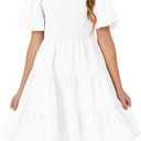 Batermoon Girls Boho Square Neck Puff Sleeve Off Shoulder Smocked Tiered Casual A Line Short Mini Dress, 13-14 Years