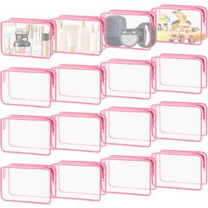16-Piece Makeup Bags, Waterproof Toiletry Bag Carry Pouch Portable Cosmetic Bag PVCTravel Clear Pouches Carry-on Travel Essentials Transparent Storage Organizer Bag (Rose Pink-M)