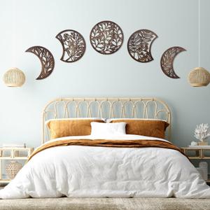 Jetec 5 Pcs Moon Phase Wall Art Decor Wall Pediments Hanging Wooden Phase Spiritual Bedroom Nordic Boho Lunar Aesthetic Art for Living Room Dorm Apartment Ornament(Dark Brown,15.75 Inch, Botanical)