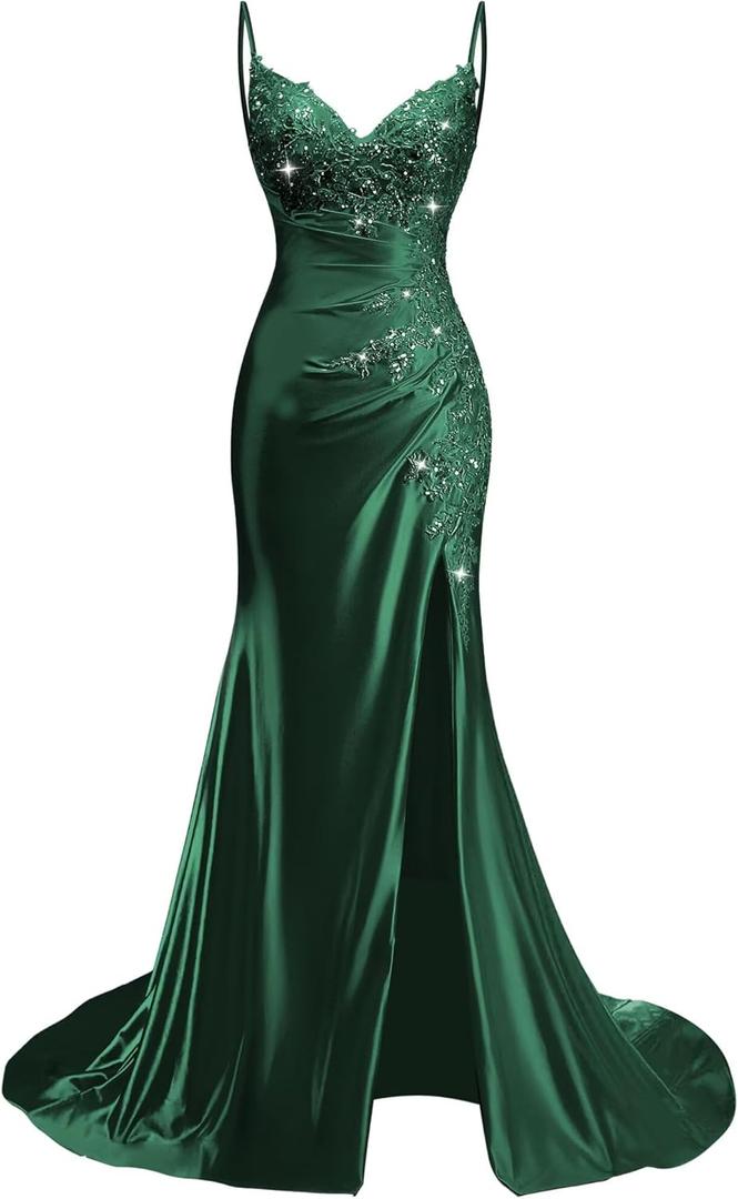 Lace Applique Satin Prom Dresses for Women 2026 Mermaid V Neck Ruched Spaghetti Strap Formal Evening Gown with Slit (Green, L)