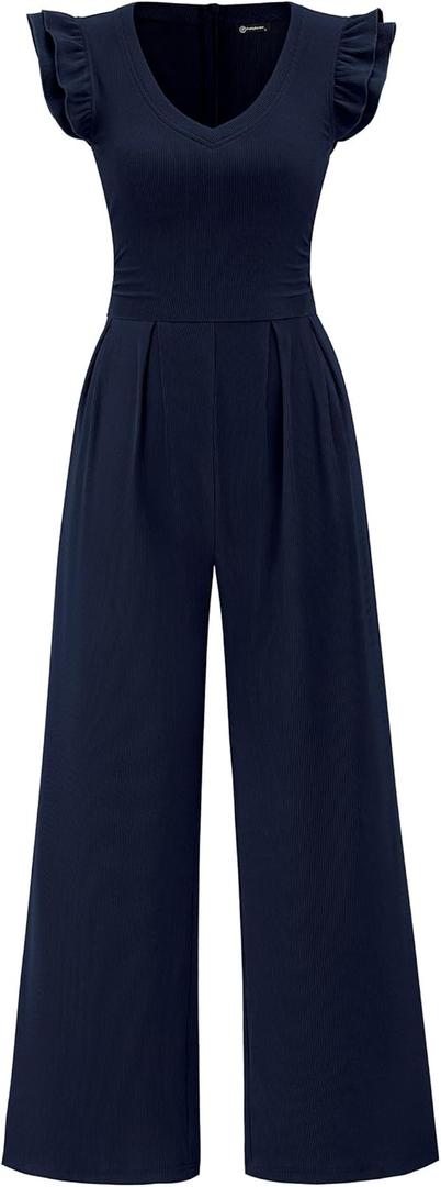 PRETTYGARDEN One Piece Jumpsuits For Women Dressy Ruffle Cap Sleeve V Neck Ribbed Knit Wide Leg Romper Casual Spring Outfits (X-Large)