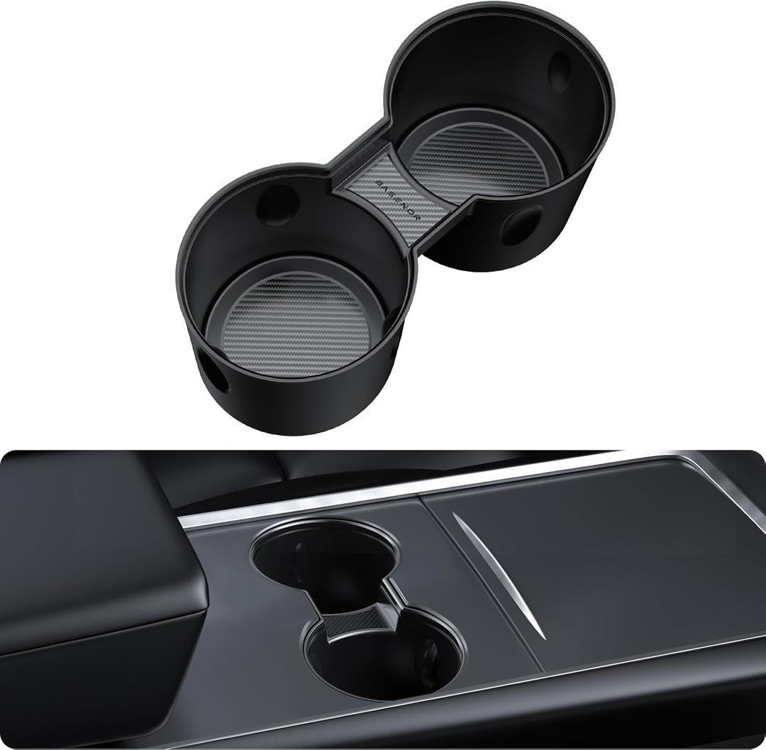 BASENOR Upgrade Center Console Cup Holder Insert [Carbon Edition] [Fit Trenta Cups] for 2021-2024 Tesla Model Y and 3 [Not Compatible with Model 3 2024 2025] (Model 3 2021-2023 Model Y 2021-2024)