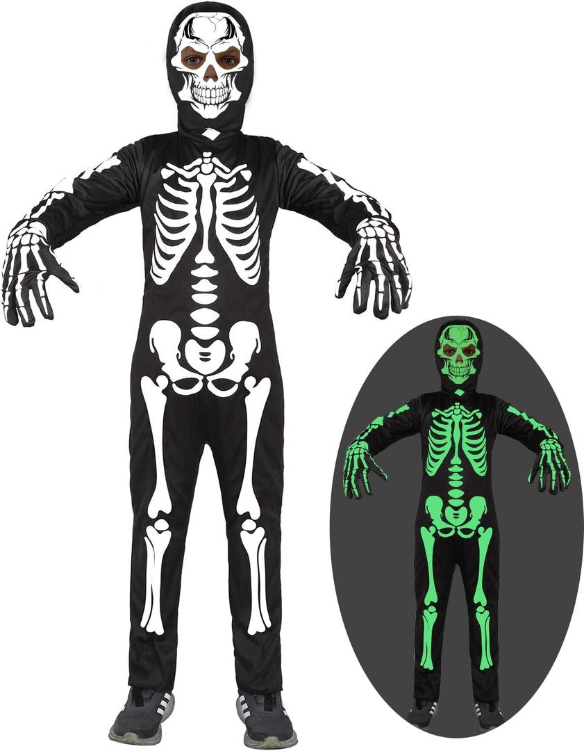 Sicypoty Kids Skeleton Costume Glow in the Dark Halloween Costume for Boys Black (10-12 Years)