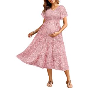Maternity Dress for Baby Shower - 2025 Photoshoot Pregnancy Summer Midi Casual Flutter Sleeve Dress (Medium, Pink Floral)