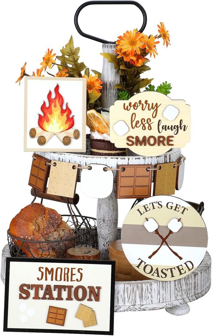 Bucherry 10 Pcs Camping Tiered Tray Decor Set Farmhouse Farm Wood Sign Party Decorations Campfire Centerpiece Decor Barbecue Camping Decorative Trays Rustic Kitchen Decor