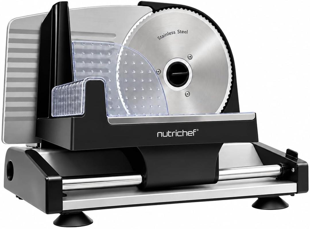 Nutrichef Electric Meat Slicer | 200W Automatic Meat, Deli & Bread Slicer | Adjustable Dial for 0-15mm Cutting Range Thickness | Removable 7.5 IN Stainless Steel Blade & Food Pusher for Safety (Black)