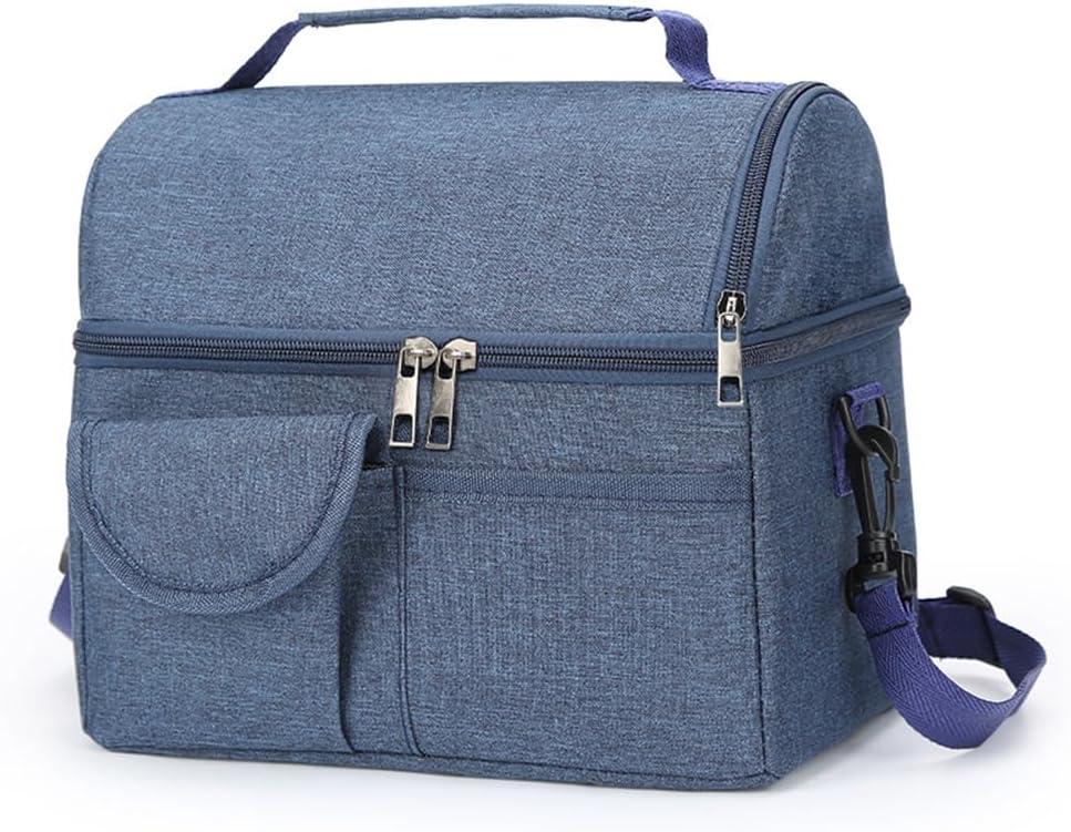 Large Insulated Lunch Bag for Women Men, Insulated Lunch Tote Bag with Adjustable Shoulder Strap, Dual Compartment Lunchbox, Reusable Lunch Cooler Bag for Work, Picnic (Navy Blue)