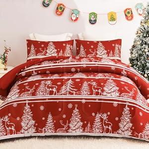 Exclusivo Mezcla 3 Pieces Christmas King Size Comforter Set, Reversible Rust Red Striped Bedding Comforters with Printed Trees Snowflakes Pattern, Twin Size