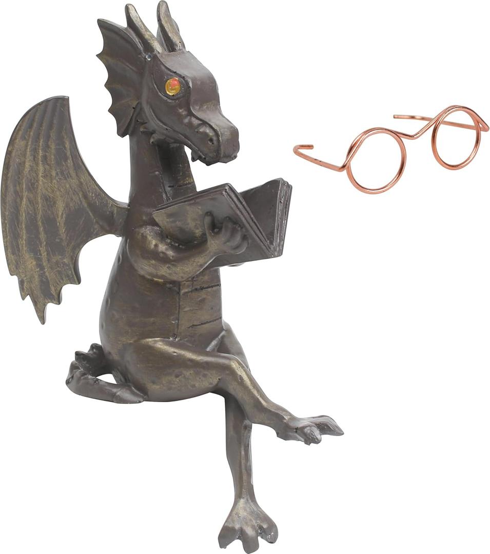 Dragon Reading Book Statue Figurine Sculpture, Dragon Mini Cute Small Creative Ornament for Garden Bookshelf Adult Shelf Home Desktop Outdoor Landscaping Housewarming Decorations, with Gift Eyeglass