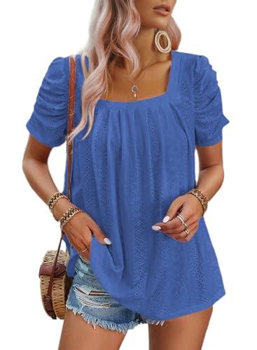 Dokotoo Womens Summer Tops Hollow Pleated Square Neck Solid Color Short Sleeves Shirts Blouses Spirng Tops for Women Cruise Outfits Womens Summer Clothes Sky Blue, Size: XL