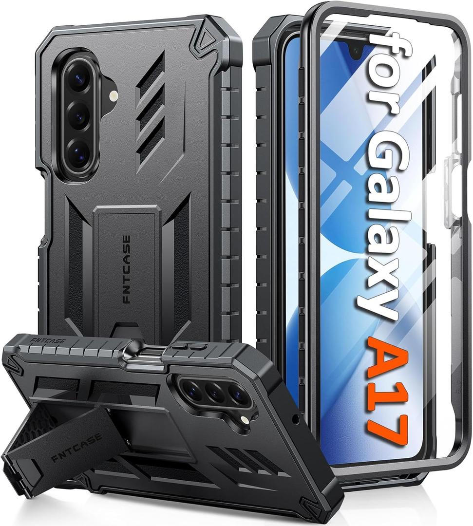 FNTCASE for Galaxy A17-5G Phone Case: for Samsung Galaxy A17 with [Built-in Screen Protector & Kickstand] [Military-Grade Drop Protection] Heavy Duty Protective Shockproof TPU Cell Phone Cover (Black)