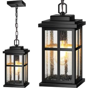 VIANIS Large Outdoor Pendant Light Fixtures, Modern Black Exterior Chandelier for Porch with Adjustable Chain, Die-cast Aluminum Waterproof Hanging Porch Light for Doorway with Tempered Seed Glass