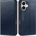 SHIELDON Wallet Case for iPhone 16 5G 2024, Genuine Leather Folio Book Magnetic Closure RFID Blocking Card Slots Kickstand Full Protection Case Compatible with iPhone 16 6.1" - Retro Dark Blue