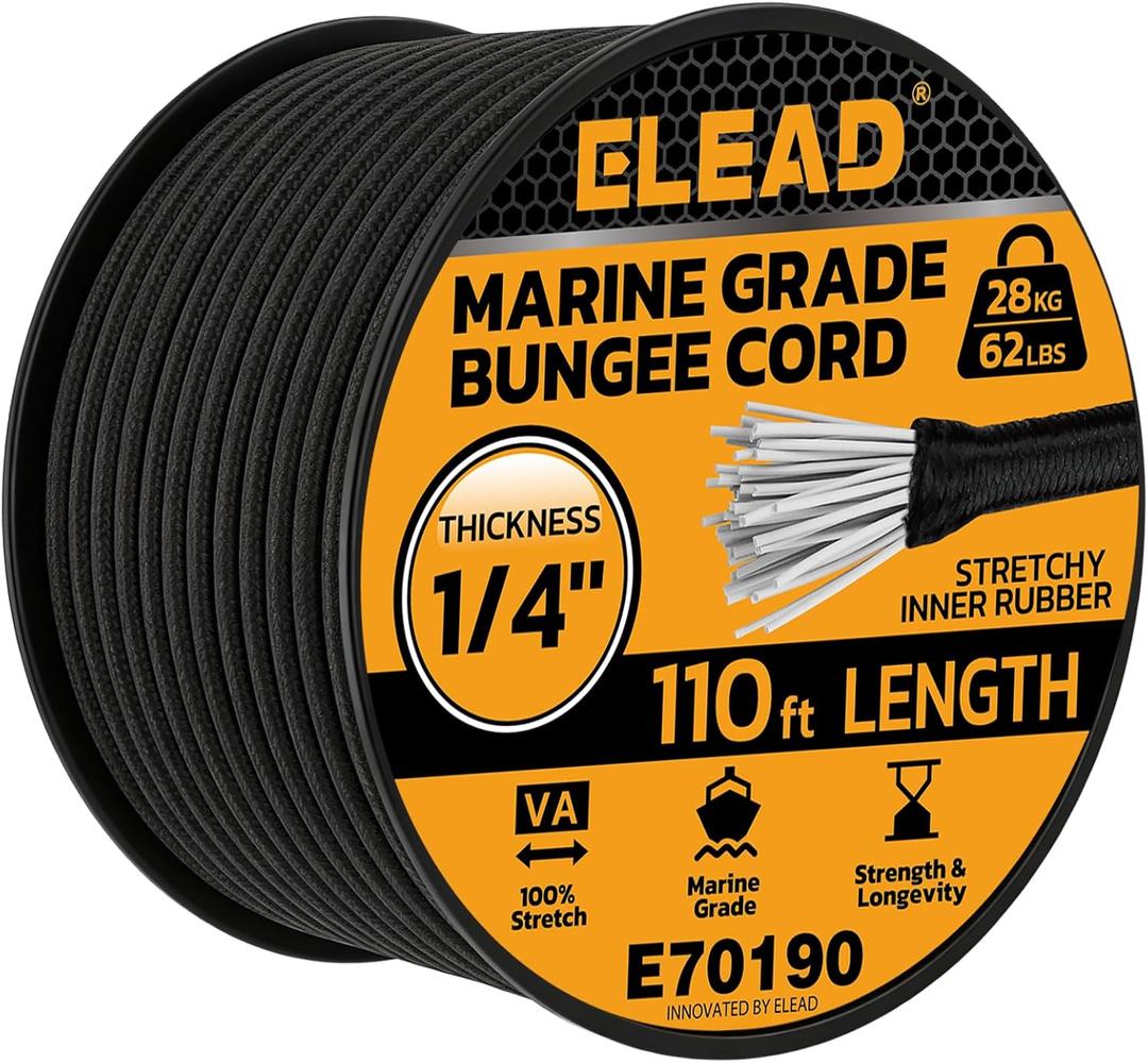 Heavy Duty Bungee Cord Roll, 1/4" x 110ft Marine Grade Outdoor Bungee Cords, Black Super Elastic Shock Cords, Long Cord for Cargo, Camping, Bike Racks, Tents