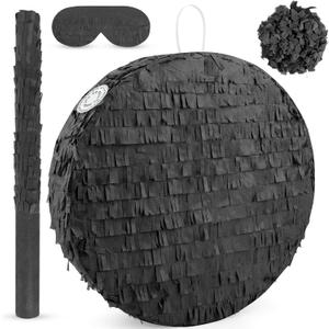 Black Round Blank Pinata Circle Folding Pinata with Bat Stick Blindfold Confetti for Kids Birthday Wedding Celebration Baby Shower Carnival Party Supplies,13 x 13 x 3.15 Inches