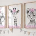 Safari Animals Baby Girls Nursery Set of 3 Unframed Wall Art Prints, Gray Baby Animals with Pink Flowers, Child Bedroom Nursery Decor Posters, Giraffe Elephant Lion (8x10)
