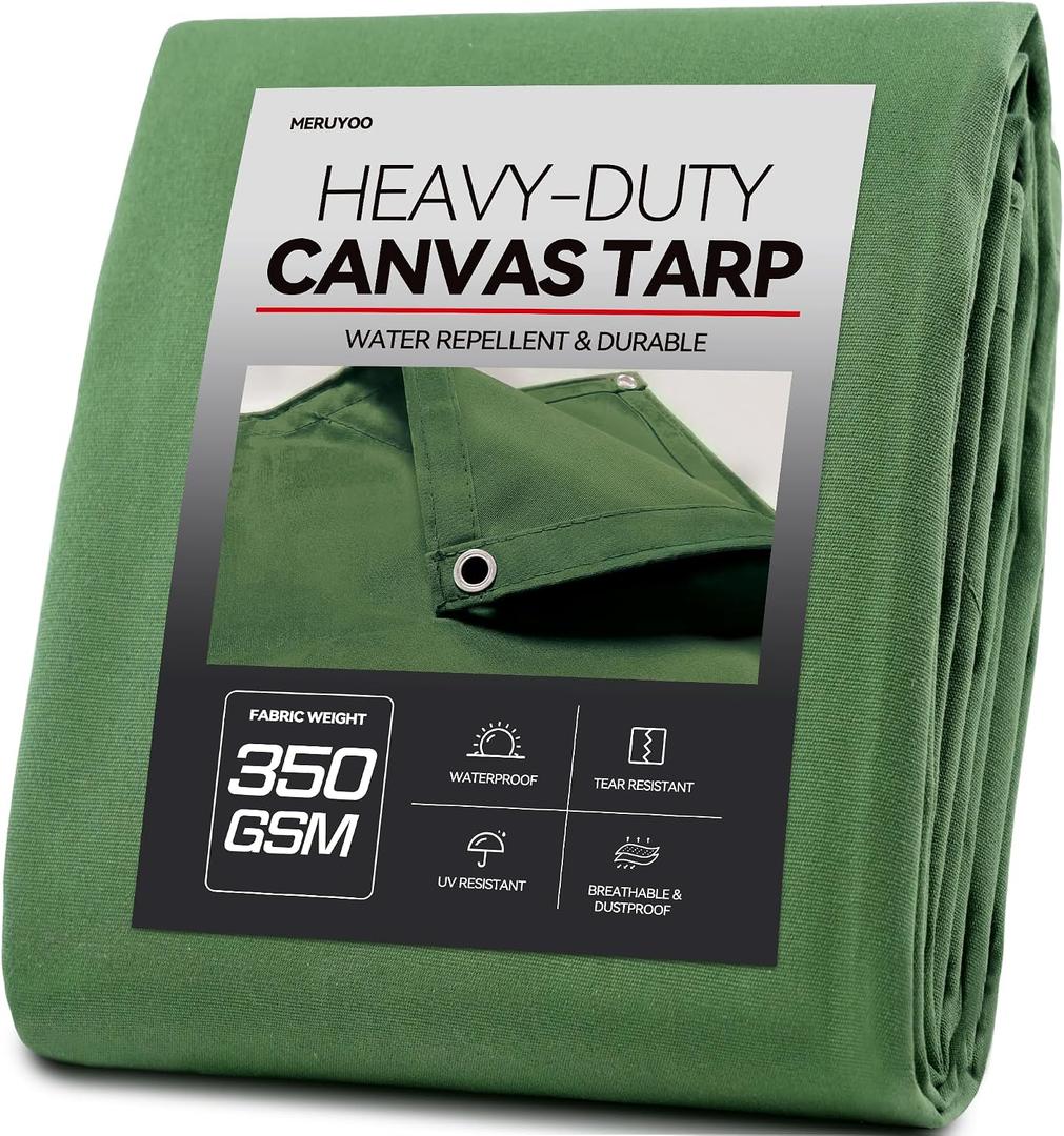 20x30 Canvas Tarp 350GSM Green Super Heavy Duty Canvas Tarps with Rustproof Grommets, 12 oz Durable & Multipurpose Outdoor Tarpaulin for Camping, Patio, Canopy Tent, Trailer Equipment & Woodpile Cover