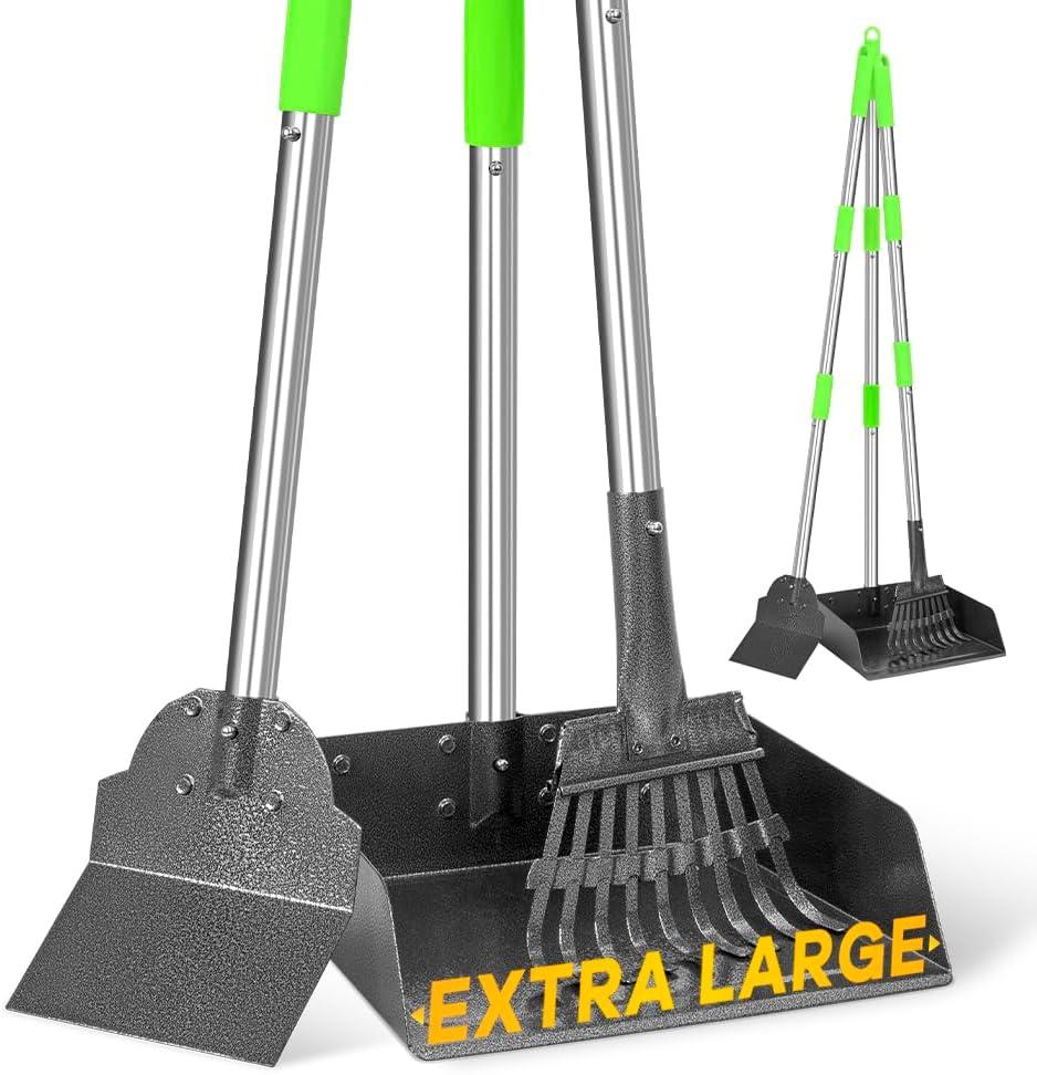 TOOGE Larger Pooper Scooper, Dog Pooper Scooper for Large Medium Small Dogs Heavy Duty Long Handle Metal Tray Rake Shovel Set for Yard Grass