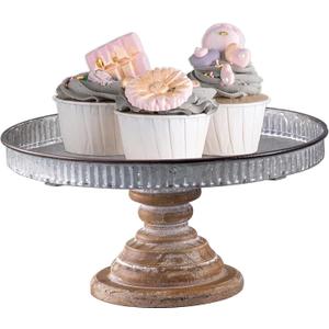 SOFE Rustic Galvanized Metal Cake Stand, Cupcake Stand Rustic Round Dessert, Appetizer Display Riser Stand with Wood Base Table Centerpiece for Wedding, Birthday, Party, Dining Room Kitchen Supplies (Silver)