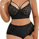 SOLY HUX Women's Plus Size Sheer Lace Lingerie Wireless Bra and Panty 2 Piece Underwear Set (3X-Large Plus, Pure Black)