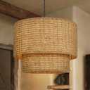 Arturesthome Large Rattan Chandelier Natural Woven Double Drum Pendant Light Vintage Ceiling Hanging Light Fixture for Kitchen Island Bedroom Hallway 23.62" (60cm)