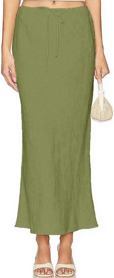 Linen Maxi Skirts with Lining Drawstring Flowy Flared Long Skirts for Women (Small, Green)