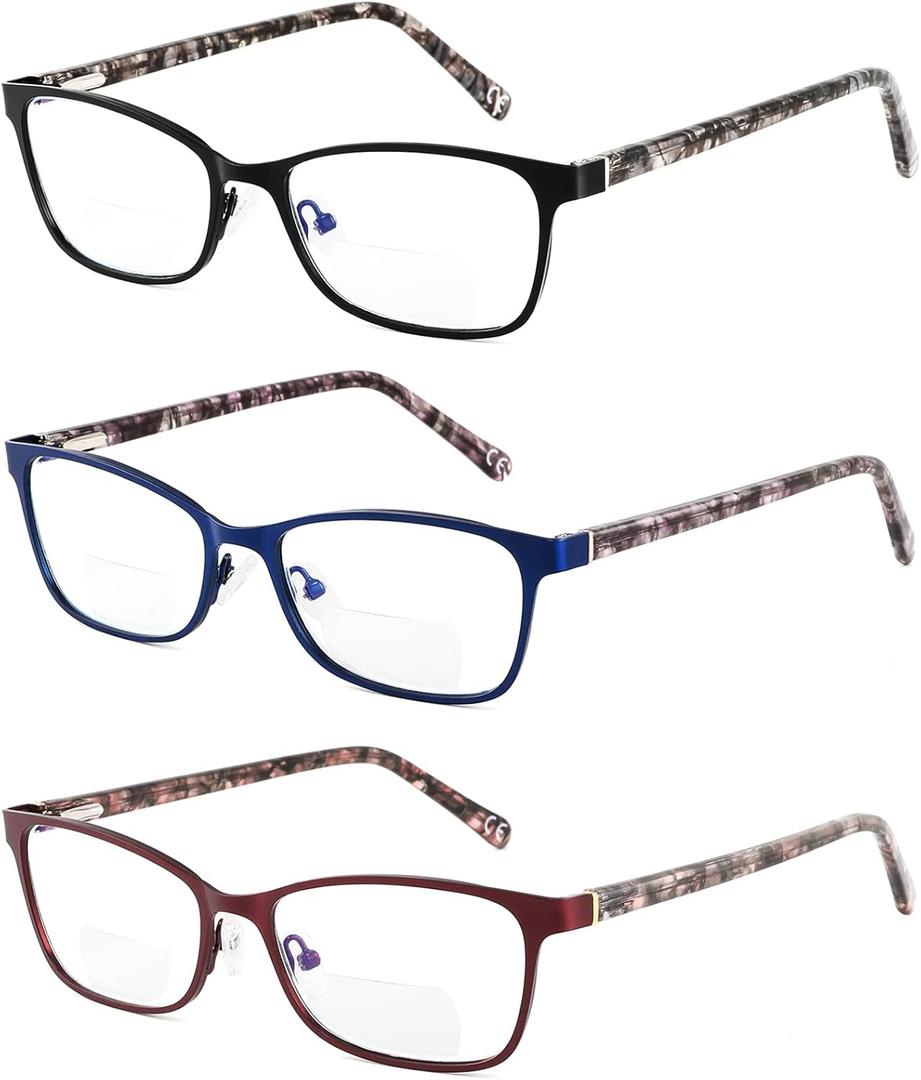 Bifocal Reading Glasses Women Blue Light Blocking With Clear Top Computer Reader Wide Metal Frame Stylish Designer Eyeglasses