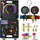 AC Gauge Set R410a R134a R22, Automotive 4 Valve AC Manifold Gauge with 5ft Hoses, Quick Couplers, Adapters, Puncturing Can Tap Tools for R410a Refrigerants Charging and Evacuation