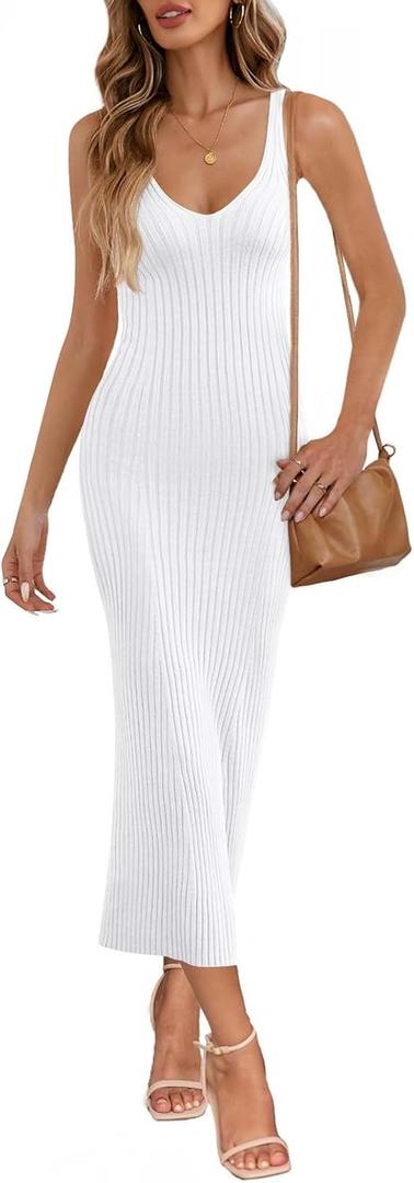 MEROKEETY Womens 2025 Summer V Neck Knit Midi Dress Bodycon Casual Sleeveless Ribbed Party Sweater Dresses (Small, White)