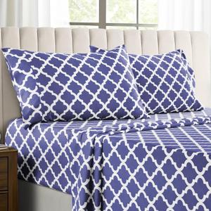 LUX Dcor Quatrefoil Full Sheet Set, 4 Piece Soft Microfiber Wrinkle Free Sheets - Printed Bed Sheets Includes Flat Sheet, Fitted Sheet with Deep Pockets, & 2 Pillowcases - Oeko-TEX, (Navy Blue)