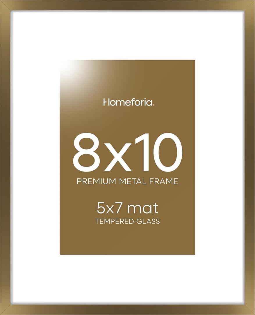 Homeforia 8x10 Brass Picture Frame, High-End Metal 8x10 Bronze Frame for Wall or Tabletop, Brass Photo Frame with Mat for 5x7, Tempered Glass, Wall Kit, Set of 1