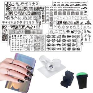 VNC 21 Pcs Nail Stamp Plates Set 16 Plate 2Stamper and 2 Scraper 1storage Bag Nails Art Stamping Plate Scraper Stamper Set Leaves Flowers Animal Nail Plate Template Image Plate Set