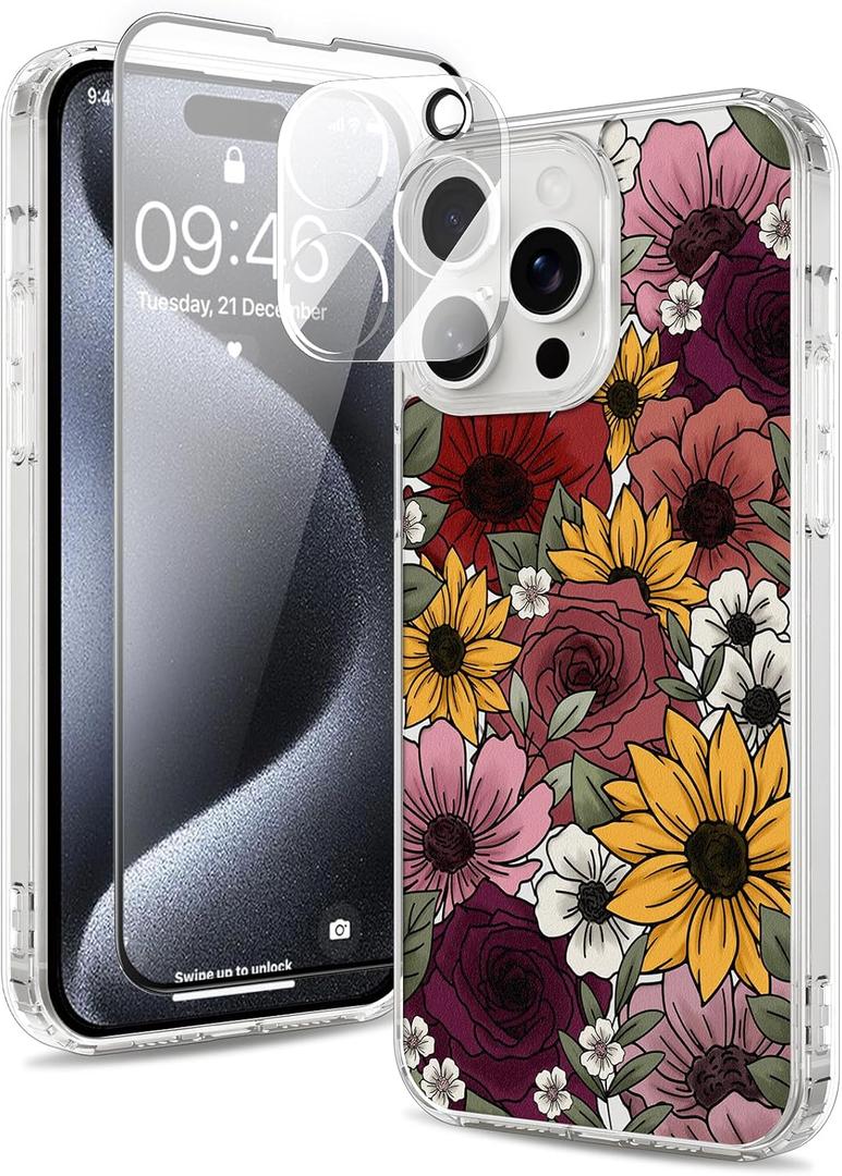 Magnetic for iPhone 15 Pro Case [Compatible with MagSafe][with Screen + Camera Protector] Floral Flower Sunflower Pattern Design, Slim Shockproof Phone Cover for Women Girls