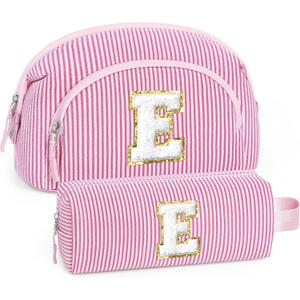 YOOLIFE Travel Makeup Bag, Monogrammed Pink Cosmetic Bags Toiletry Bags for Women Teen Girls, Birthday Gifts for Women Teen Girls, Mom Sister Girlfriend Gifts | Letter Travel Makeup Brush Bag Pink E