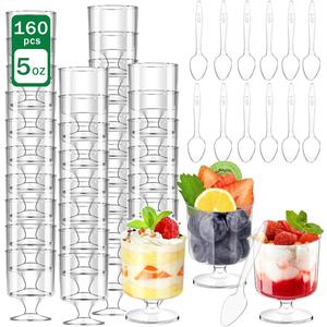 160 Packs Dessert Cups with Spoons, 5 OZ Goblet Mini Clear Plastic Dessert Parfait Cup for Party Serving Cups Fruit Ice Cream Mousse Pudding Appetizer Cup Bowl for Birthday,Party,Wedding