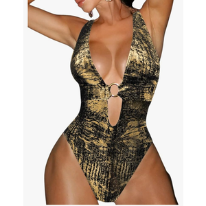 Women's Metallic One Piece Swimsuit Sexy Plunge Cutout Bodysuit Festival Rave Outfits S