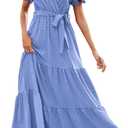 MASCOMODA Womens Summer Swiss Dot Maxi Dresses Wrap V Neck Flutter Short Sleeve Boho Casual Flowy Long Wedding Guest Dress (Blue, S)