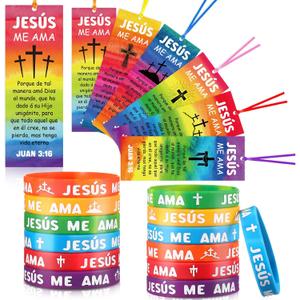 60 Pcs Spanish Jesus Loves Me Wristbands John 3: 16 Christian Bookmarks Gift Include 30 Jesus Me AMA Religious VBS Wristbands 30 Cross Bookmark for Kids Adult Church Sunday School