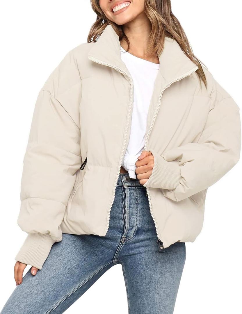 ZESICA Women's Winter Warm Long Sleeve Zip Up Drawstring Baggy Cropped Puffer Down Jacket Coat Outerwear (Beige, L)