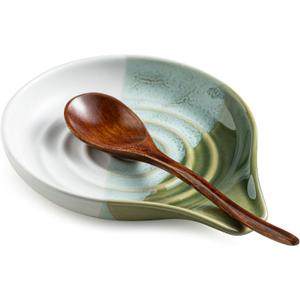 Ceramic Spoon Rest for Kitchen Counter & Stove, Large Spoon Holder for Cooking Utensils, Heat-Resistant, Nonstick, Easy to Clean, Modern Kitchen Decor, Gradient Green