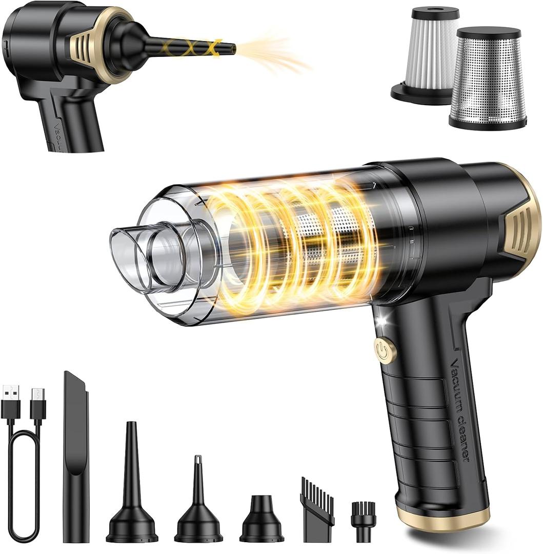 JONYJ Handheld Car Vacuum Cleaner Cordless, 16000PA Hand Held Vacuum Portable, 2 in 1 Air Duster and Mini Vacuum Cleaner Rechargeable with LED, Multi-Nozzles & Washable Filters for Home Office Car Pet (Black & Gold)
