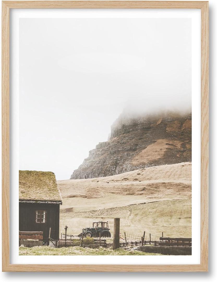 HesenDot Farmhouse Framed Wall Art,12x16in Mountain Cabin Canvas Print,Rustic Morning Mist Poster Wall Decor for Living Room Bedroom Study Office Gallery Home,Set of 1