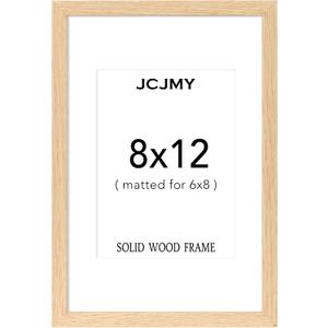 JCJMY 8x12 Solid Wood Picture Frame, Display 6x8 with Mat or 8 x 12 without Mat, Wooden 8 by 12 Photo Frame with Shatter Resistant Plexiglass for Wall Hanging or Tabletop, 1 Pack, Natural
