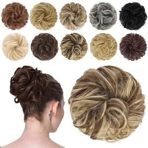 FESHFEN Messy Bun Hair Piece - Wavy Synthetic Chignon Scrunchies for Instant Volume, Elastic Bun Ponytail Hair Extensions Thick Hairpieces for Women, Light Brown & Blonde 1.50 oz