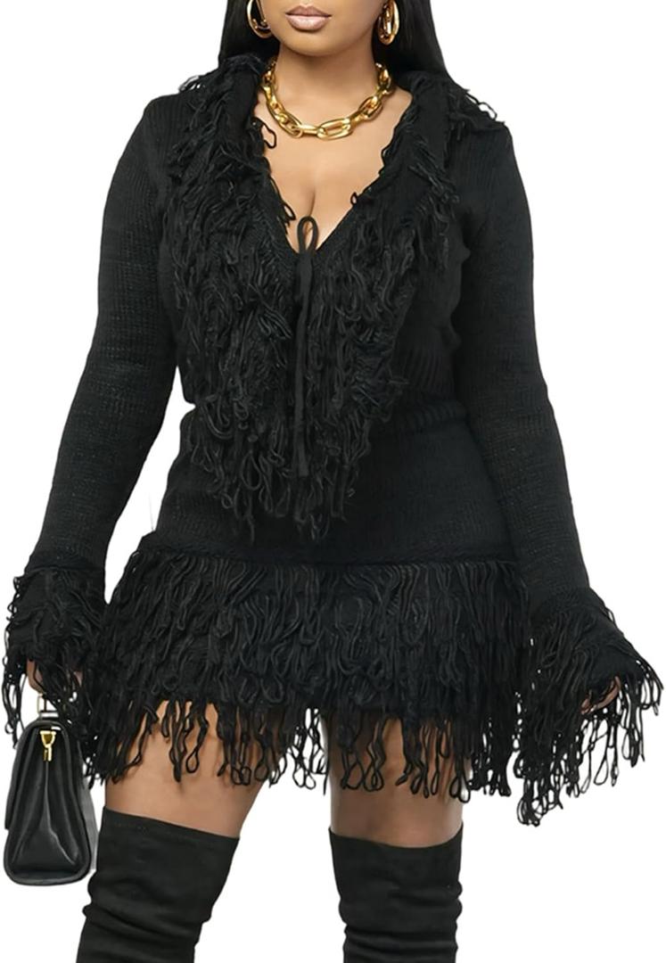 NRTHYE Women 2 Piece Sweater Skirt Set Casual Tassel Long Sleeve Sweaters Fringe Mini Skirt Matching Sexy Club Outfits (00 Black), Size XL