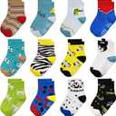 Non Slip Toddler Socks with Grip Boys Girls 12 Pairs Anti Skid Crew Socks Baby Kids Children Cartoon Pattern (5-7 Years, 02 Zebra)
