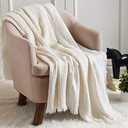 CREVENT Farmhouse Boho Knitted Throw Blanket for Couch Sofa Chair Bed Home Decoration, Soft Warm Cozy Light Weight for Spring Summer Fall (50''X60'' Ivory waffle 